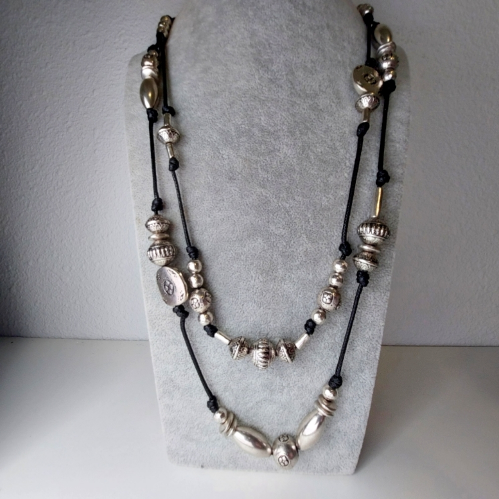 33 Inch Chico's Black Corded 2 Strand Necklace SilverTone